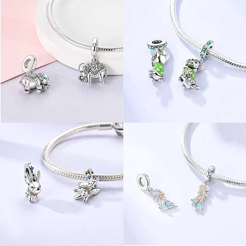 부적 Plata De Ley 925 동물 개 고양이 올빼미 토끼 사자 코끼리 공룡 매력 Origina 팔찌 팔찌 쥬얼리 비즈 만들기
