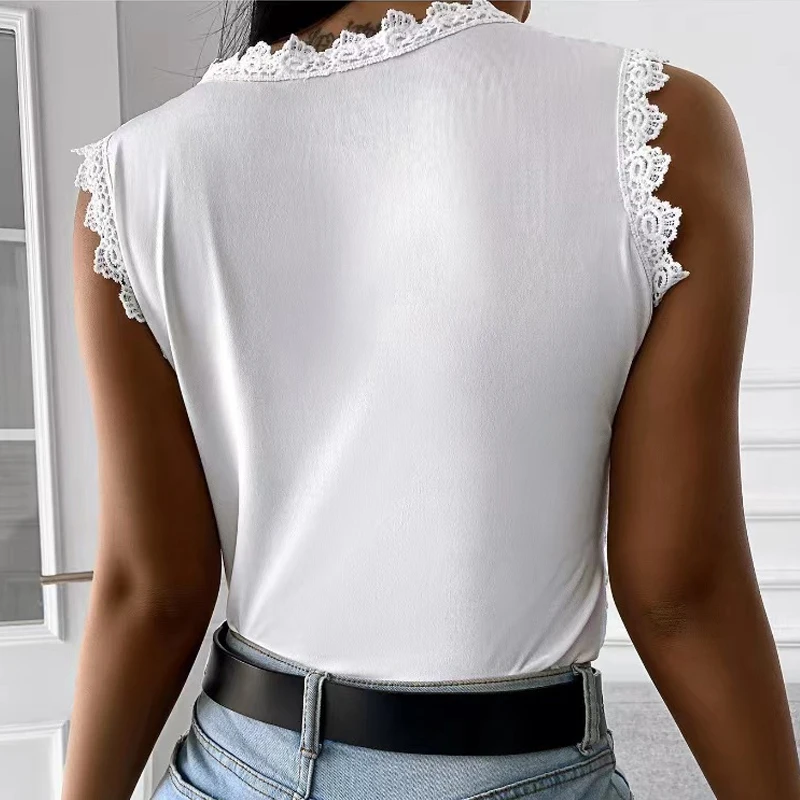 New Summer Lace Blouse Women White Shirt Sleeveless Fashion Hook Flower Hollow Casual Vintage Casual S-5XL Tops Clothes 19312