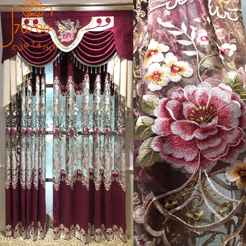 New High-end Chinese Style Hollow Embroidered Chenille Red Curtains for Living Room Bedroom Finished Custom Valance