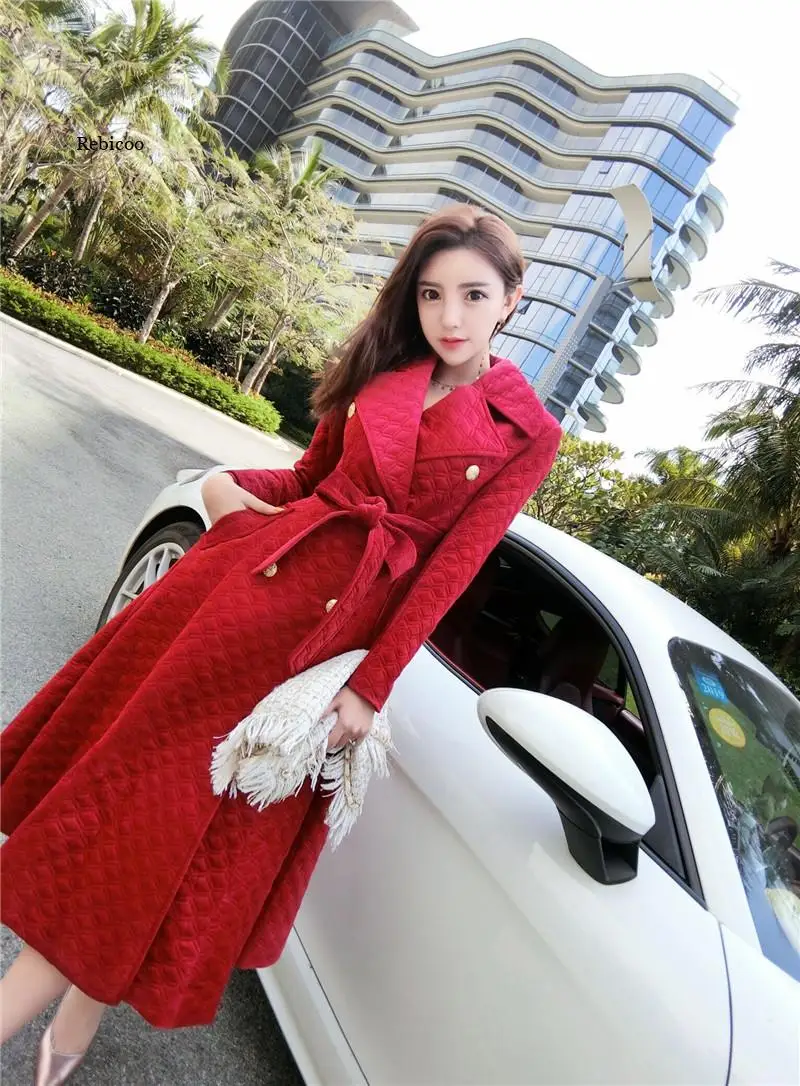 

Autumn Winter Burgundy Velvet Long Overcoat Women's Notched Collar Outwear Vintage Thick Maxi Trench Coat