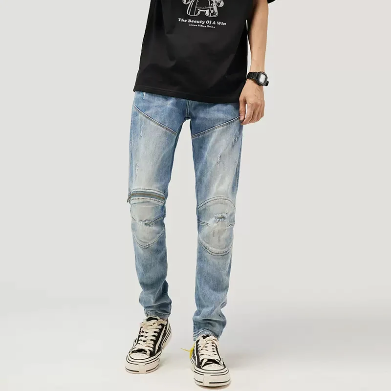 Streetwear Fashion Men Jeans Retro Light Blue Elastic Slim Fit Hole Ripped Jeans Men Spliced Designer Hip Hop Biker Pants Hombre korean style fashion men jeans black elastic slim fit spliced designer casual cargo pants hombre streetwear hip hop joggers men