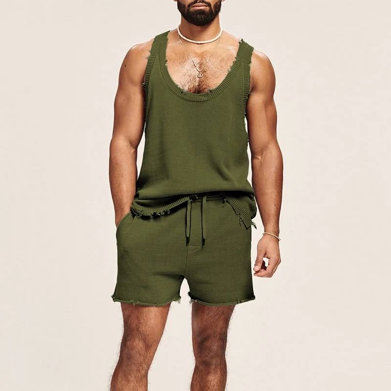 Fashion Knitted Tank Tops And Shorts Mens Two Piece Set Streetwear 2023