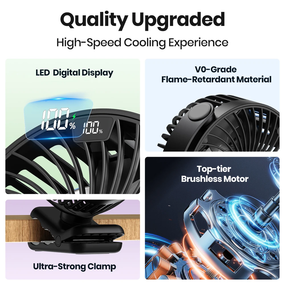 TOPK Clip on Fan 5000mAh Rechargeable Small Portable Clip Table Fan with LED Display 720° Rotation Ultra-Quiet Desk Fans 3