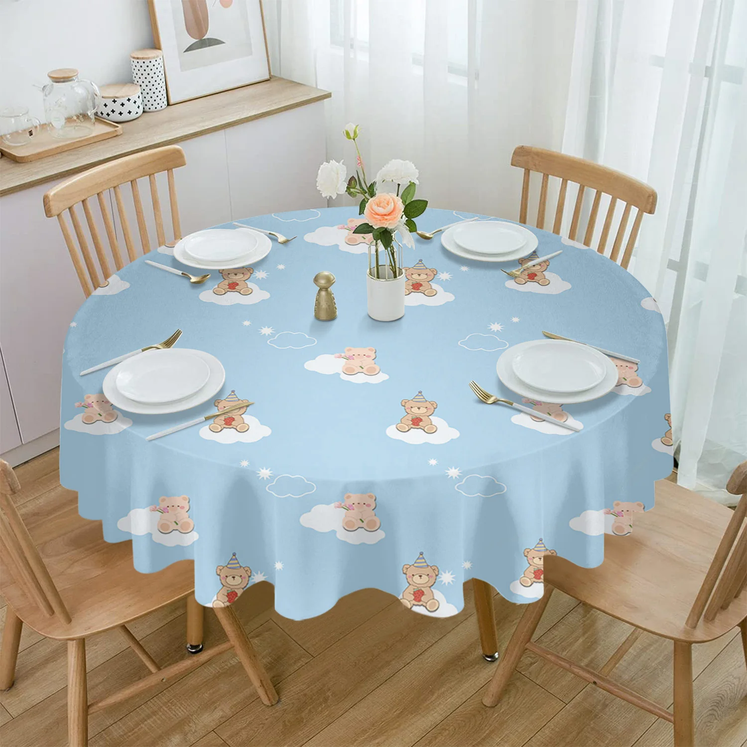 

Stars Clouds And Bears Round Table Cloth Festival Dining Waterproof Tablecloth Table Cover for Party Decor Coffee Picnic Mat