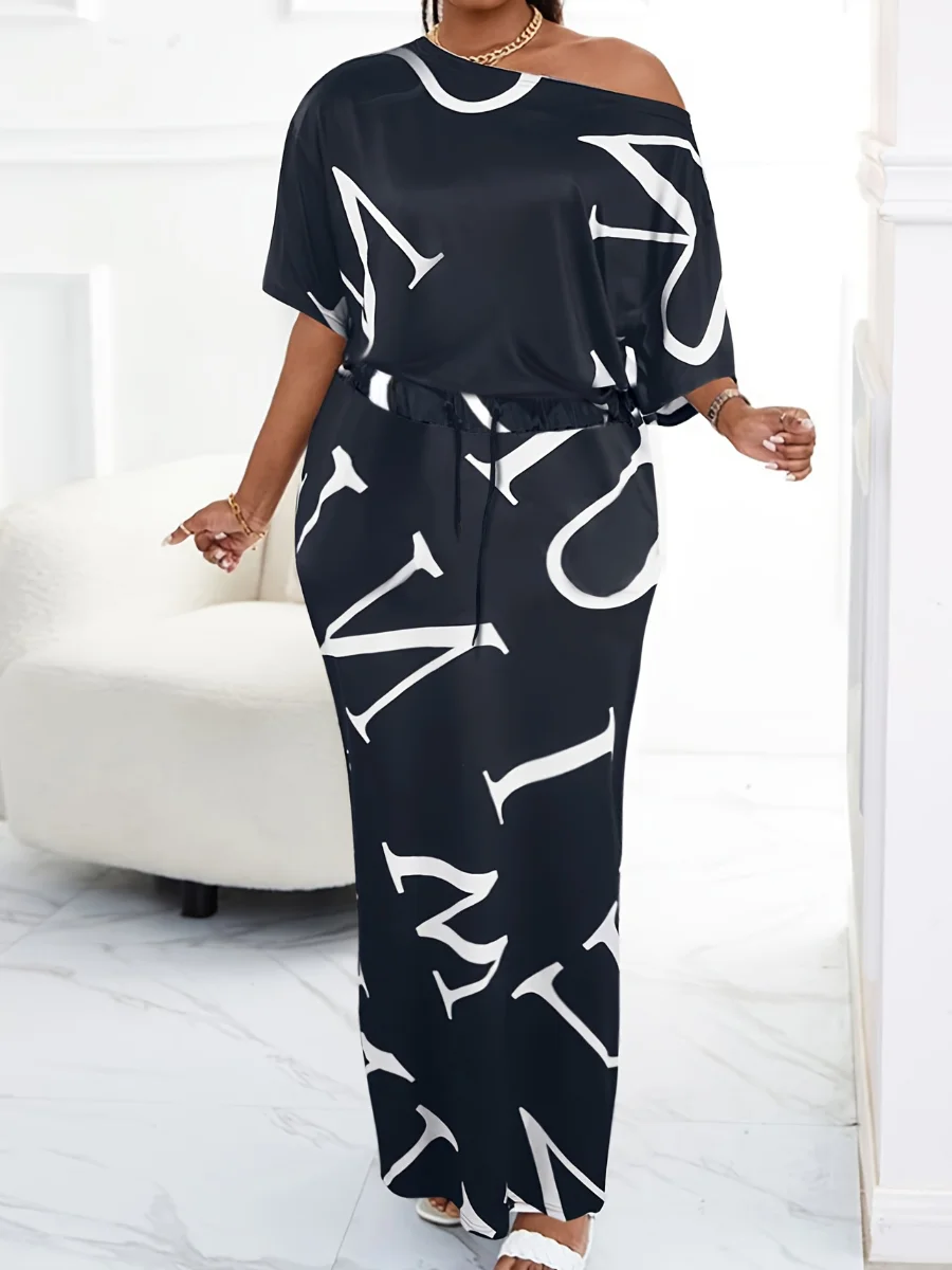 Elegant One Shoulder Letter Print Skirt Set 2025 Autumn Winter Women's Suits Long Sleeve Two Pieces Outfits