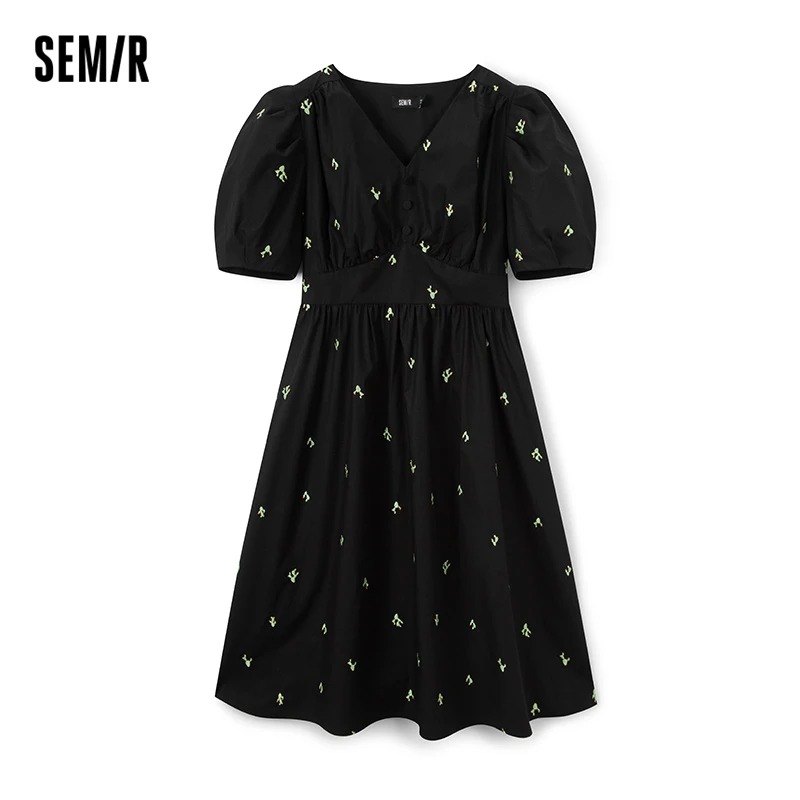 Semir Dress Women Bubble Sleeve V-Neck Waist Wrapped 2023 Summer New Heavy Industry Embroidered Dress For Woman