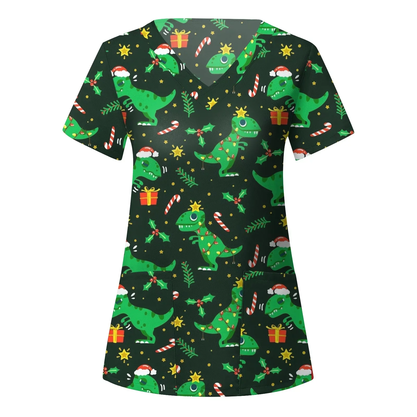 thumbnail image 1 of Uniformes quirúrgicos para mujer, estampado de dibujos animados de dinosaurios, camisetas de enfermería para el cuidado de la salud, cuello en V, microelástico, manga corta, uniforme clínico para muje, 1 of 4