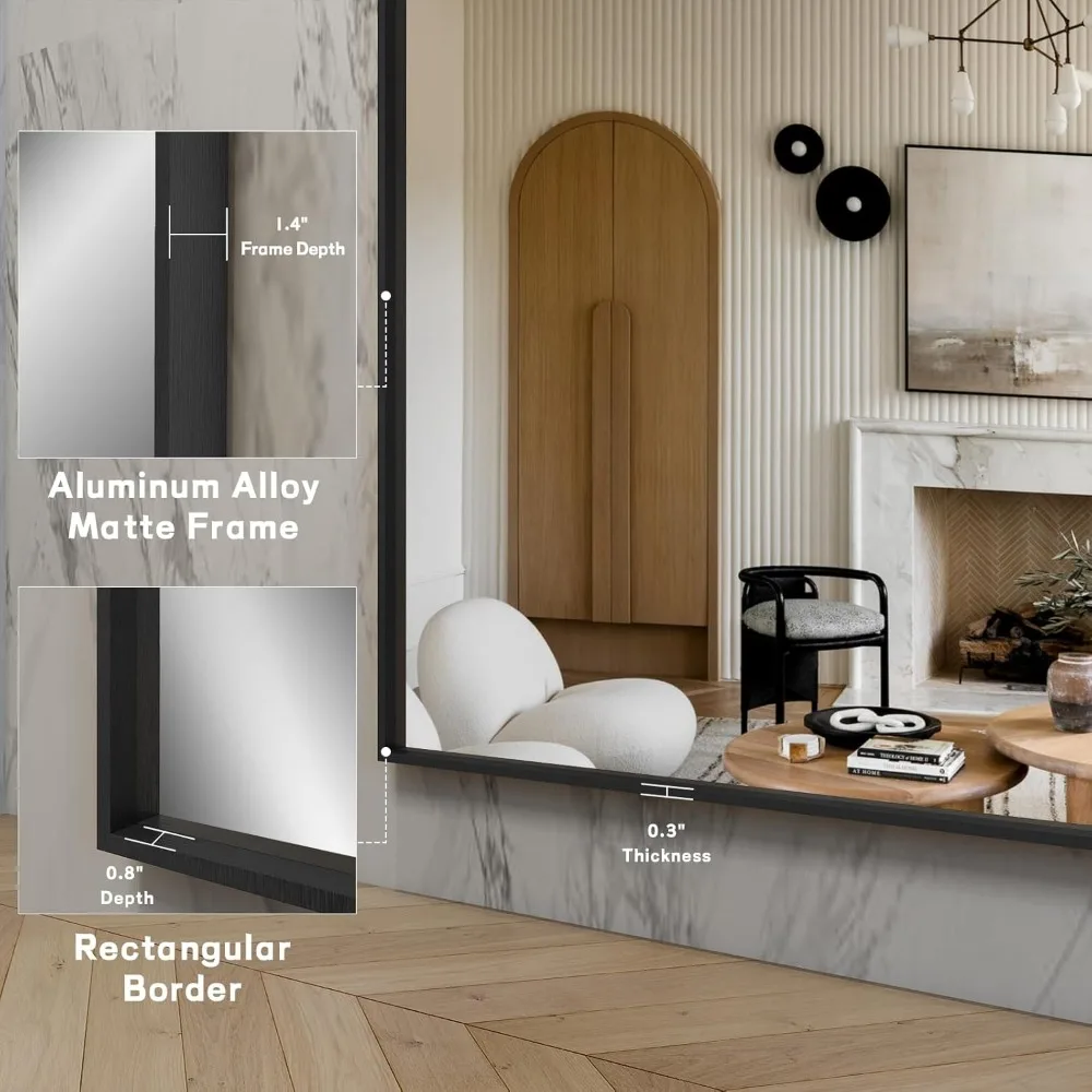 48x36 Inch Black Bathroom Mirror, Metal Framed Vanity Mirror for Wall, Anti-Rust Decorative Rectangle Mirror, Shatter-Proof Home