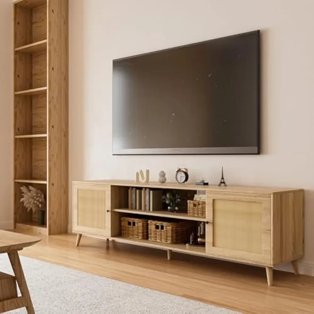 

Media TV Stands for 75+ Inch TV, Modern Wood Media Entertainment Center with Rattan-Door Storage Cabinets and Adjustable Shelves