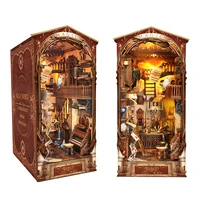 DIY Wooden Book Nook Shelf Insert Kit Miniature Building Kits Magic House Bookshelf with Light Bookends Friends Birthday Gifts 1