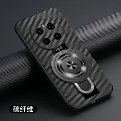 Luxury Silicone Leather Shockproof Case with Magnetic Ring Holder for Honor Magic6 Pro (Carbon Fiber Pattern)