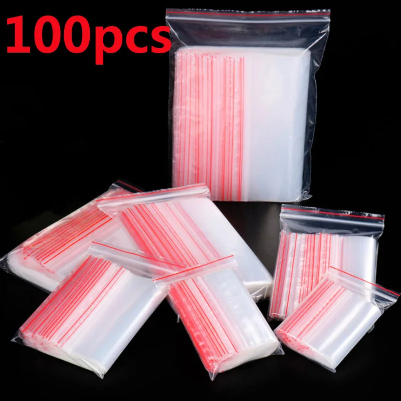 100pcs Transparent Plastic Bags Reusable Selaing Zip Bag Self Seal Clear Bags Food Jewelry Packing Organizer Pouch Ziplock Bags