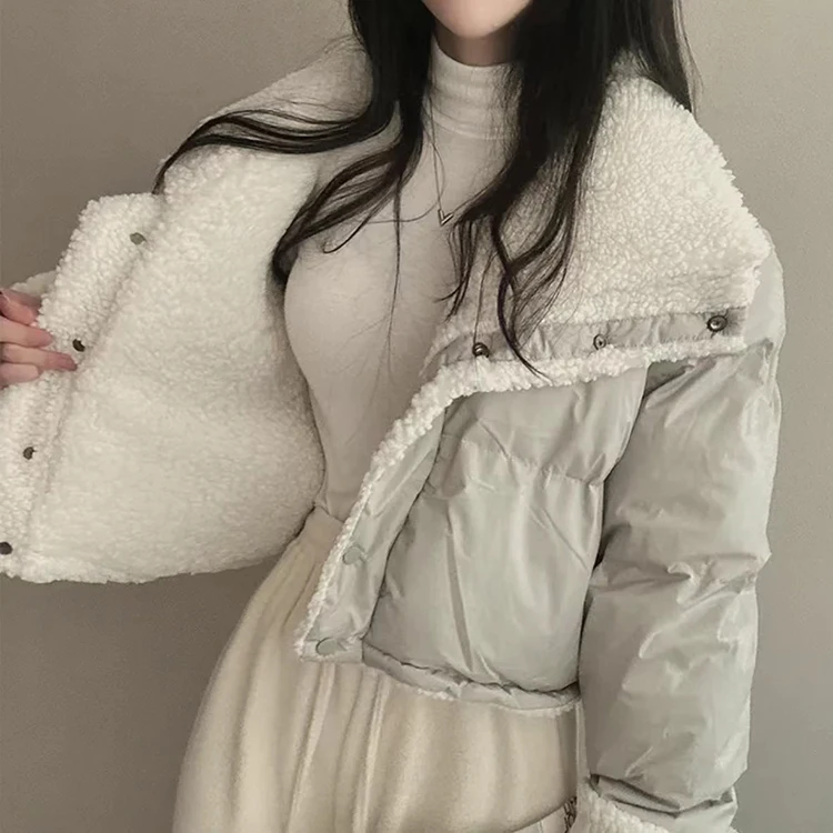 Stand Collar Drawstring Parkas Thicked Outerwears Lambswool Ropa Mujer 2025 Woman Casaco Autumn Winter Single Breasted Jacket