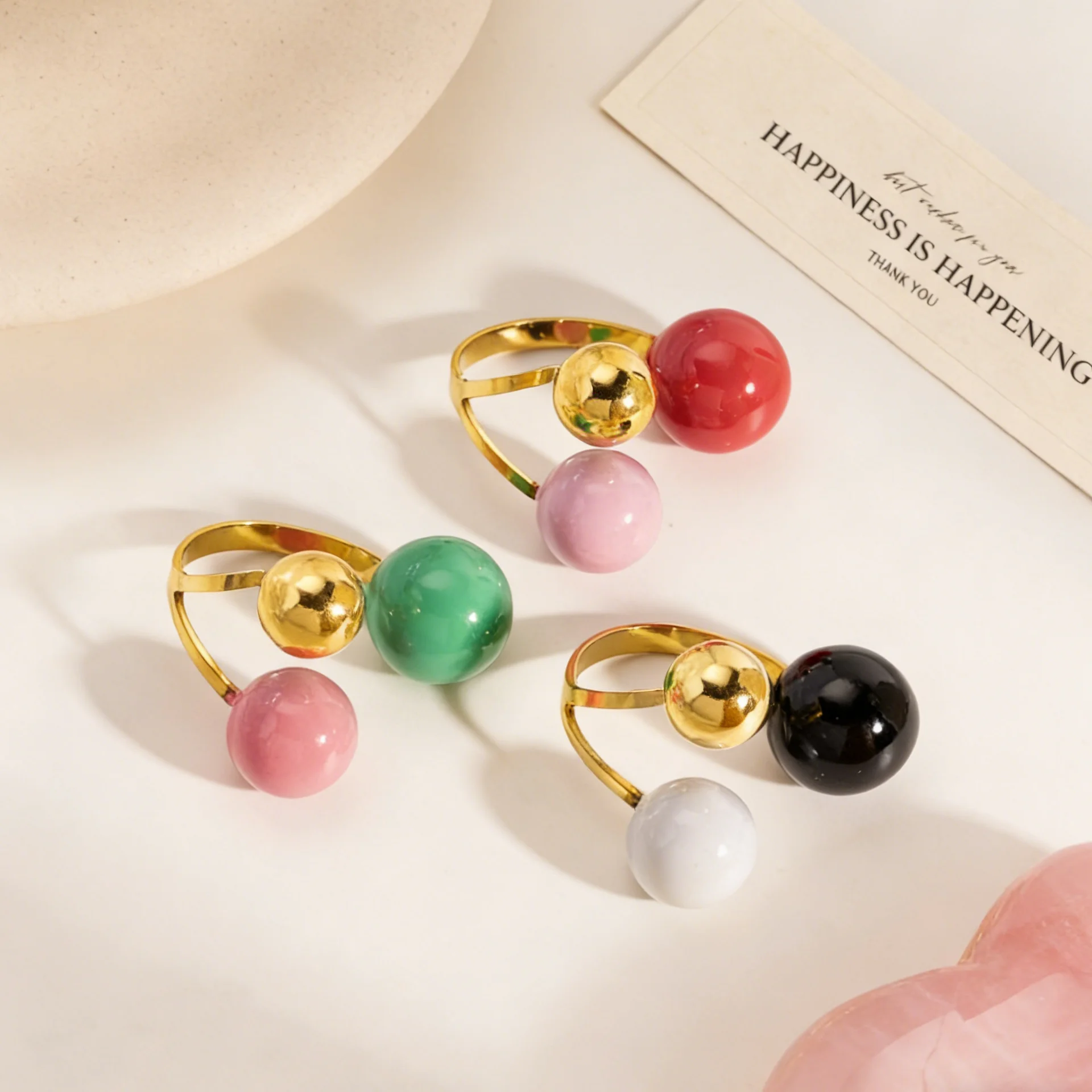 Geometrischer Kugelförmiger Edelstahl-Ring mit Goldüberzug für Damen, Trendiger Offener Ring mit Drei Farbigen Emaille-Tropfenformen