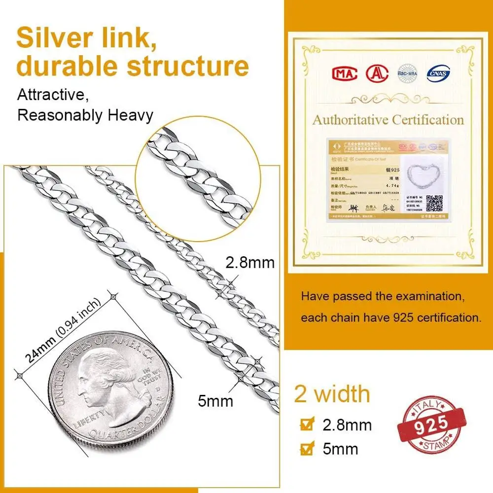 U7 Solid 925 Sterling Silver Chain Necklace for Men Women