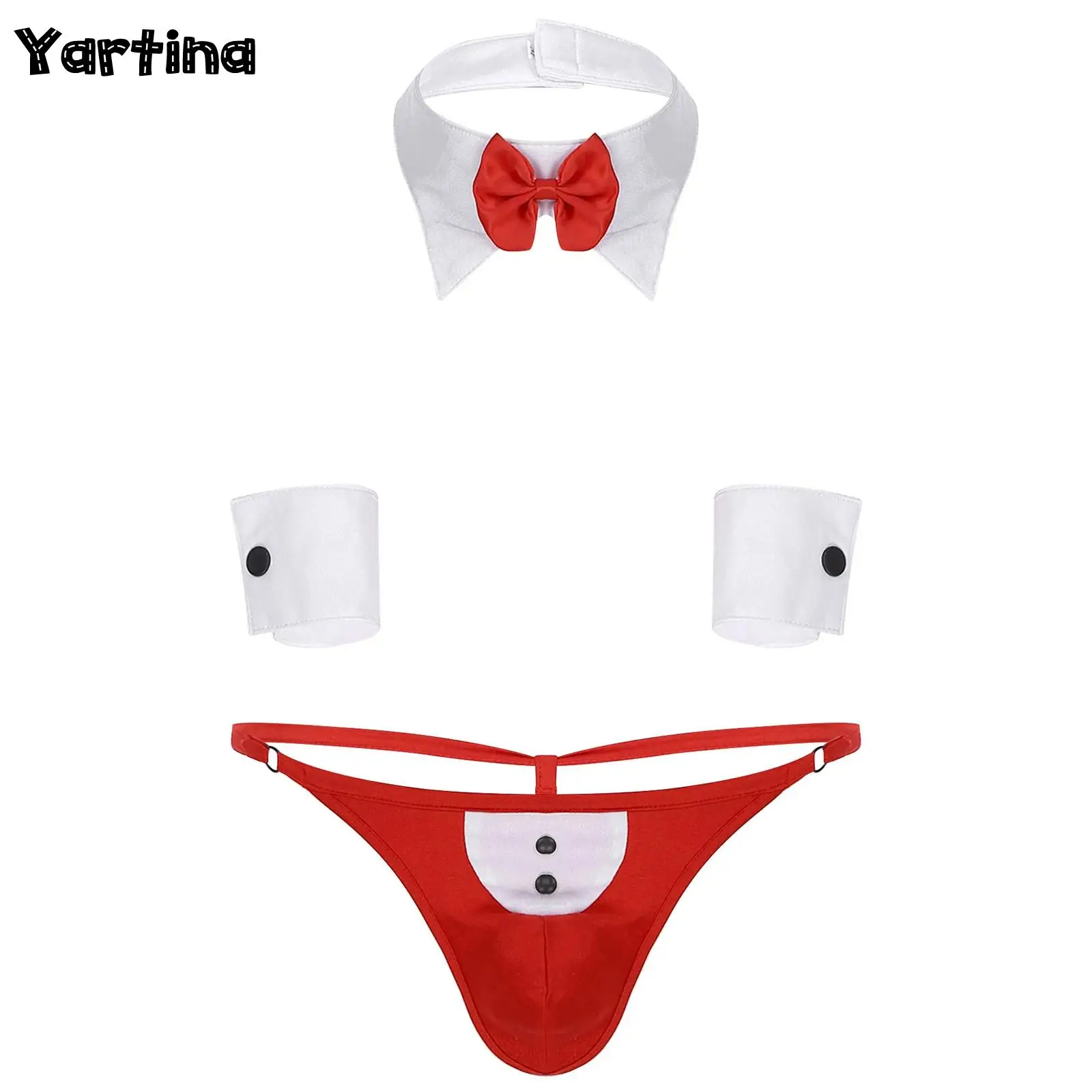Mens Waiter Tuxedo Sexy Cosplay Outfit Lingerie Open Back Tuxedo G-string Thong Underwear with Bow Tie Collar And Bracelets 3Pcs men costume accessories,men lingerie set