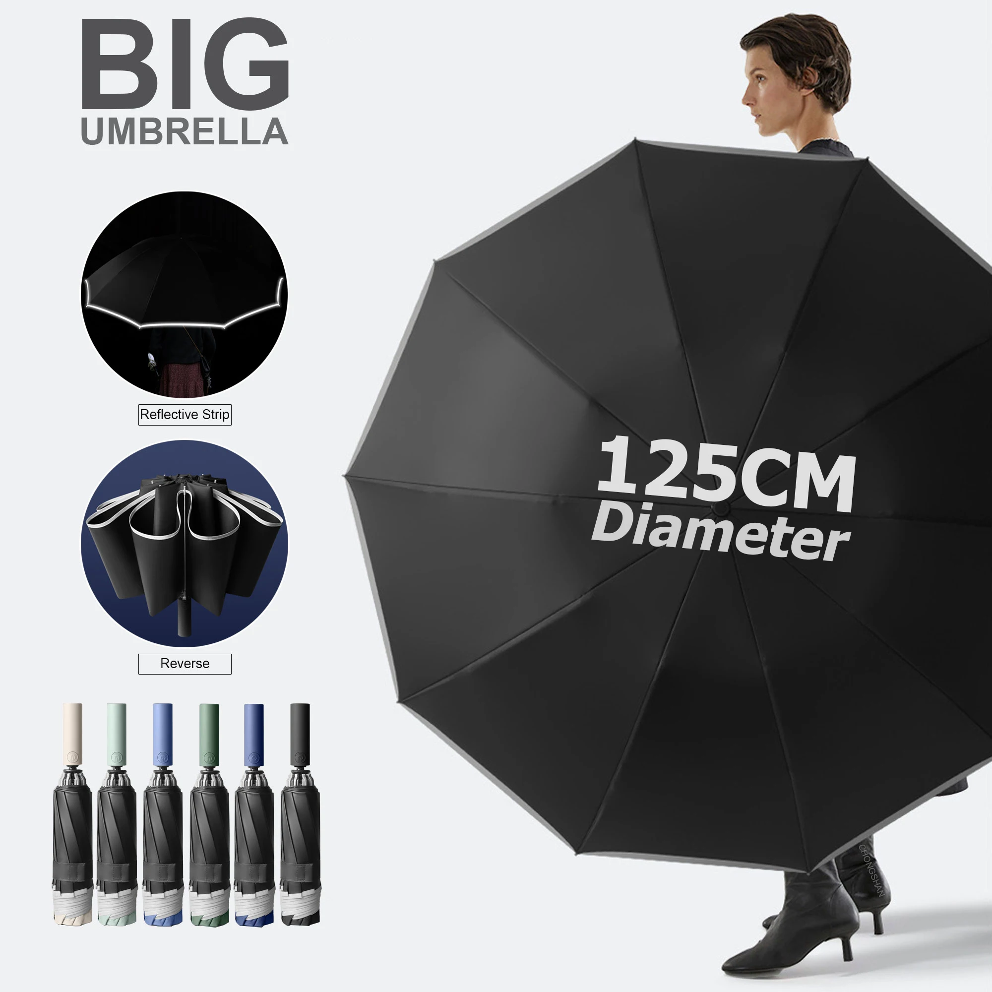 

Автоматический складной зонт для мужчин, очень большой, 125 см, водонепроницаемый, ветрозащитный, прочный, светоотражающий, усиленный зонтик для гольфа