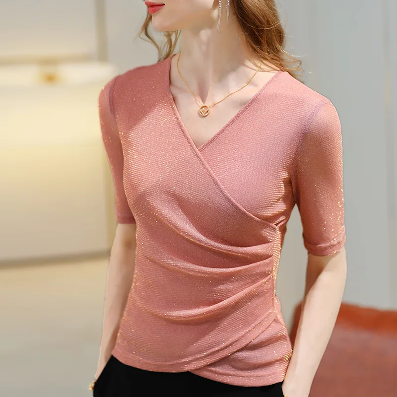 Abbigliamento donna 2022 Ultime camicette di moda T-shirt estiva elegante Spedizione gratuita Camicette elastiche glitterate o top per donna - immagine 2