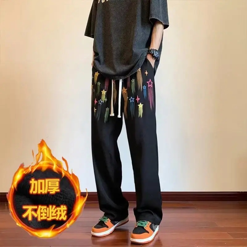 Autumn Winter New Elastic Waist Sweatpants Y2K Man High Street Casual Loose Printing Pockets Thick Warm All-match Straight Trous