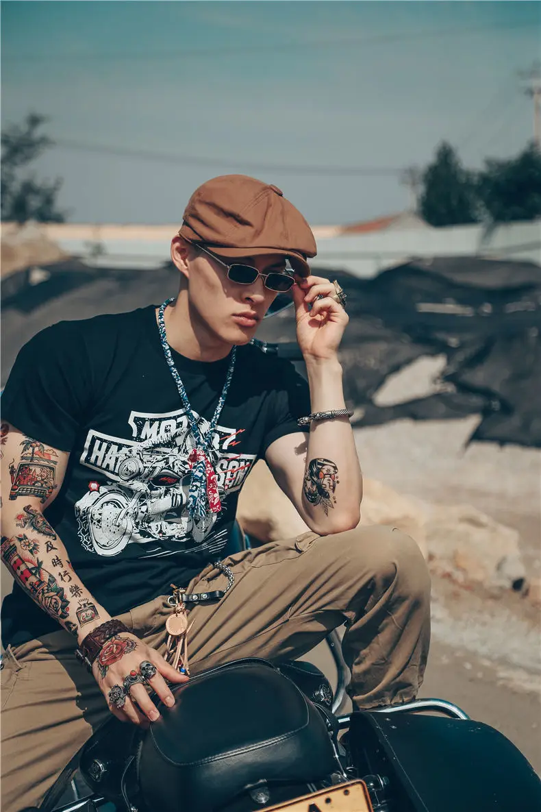 white graphic tees 2022 Summer New Men's t-shirt Black Motorcycle Print Short Sleeves Casual Top Tees O-Neck Vintage Cotton T-Shirt Hip Hop Clothes white t shirt