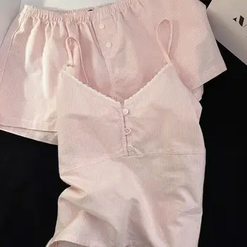 Sweet Stripe V-Neck Strap Sleepwear Women's Summer Slim Fit Vest Shorts Home Clothes Large Size Set Youth Cotton Pajamas 3