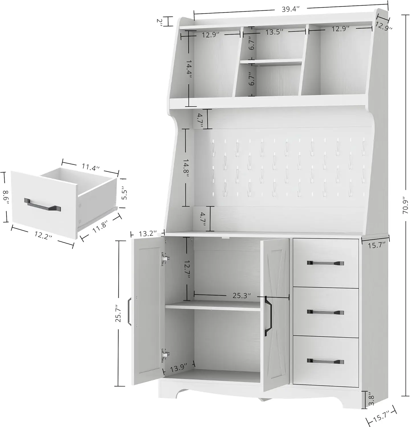 Coffee Bar Cabinet with Storage and Customizable Pegboard and Power Outlet, 71" Kitchen Buffet Sideboard with 3 Drawers and 2