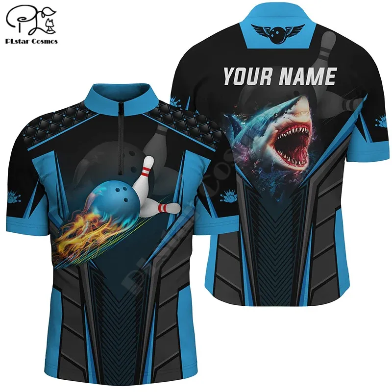 Camicie Da Bowling 3D Personalizzate Per Uomo Custom Shark Team Blue Bowling Ball Bowling Quarter Zip Shirts Camicie Con Stampa 3D Tees Tops