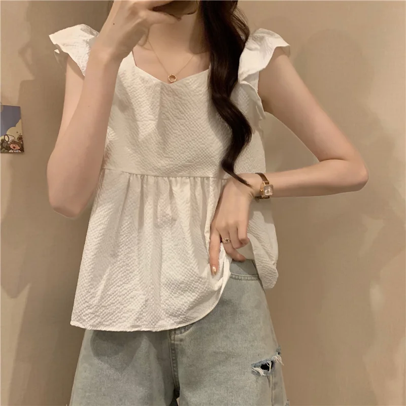 

LKSK Western Style Square Neckline Small Flying Sleeve Shirt Women's New Summer Loose Fitting Shirt Ruffled Edge Slimming Top