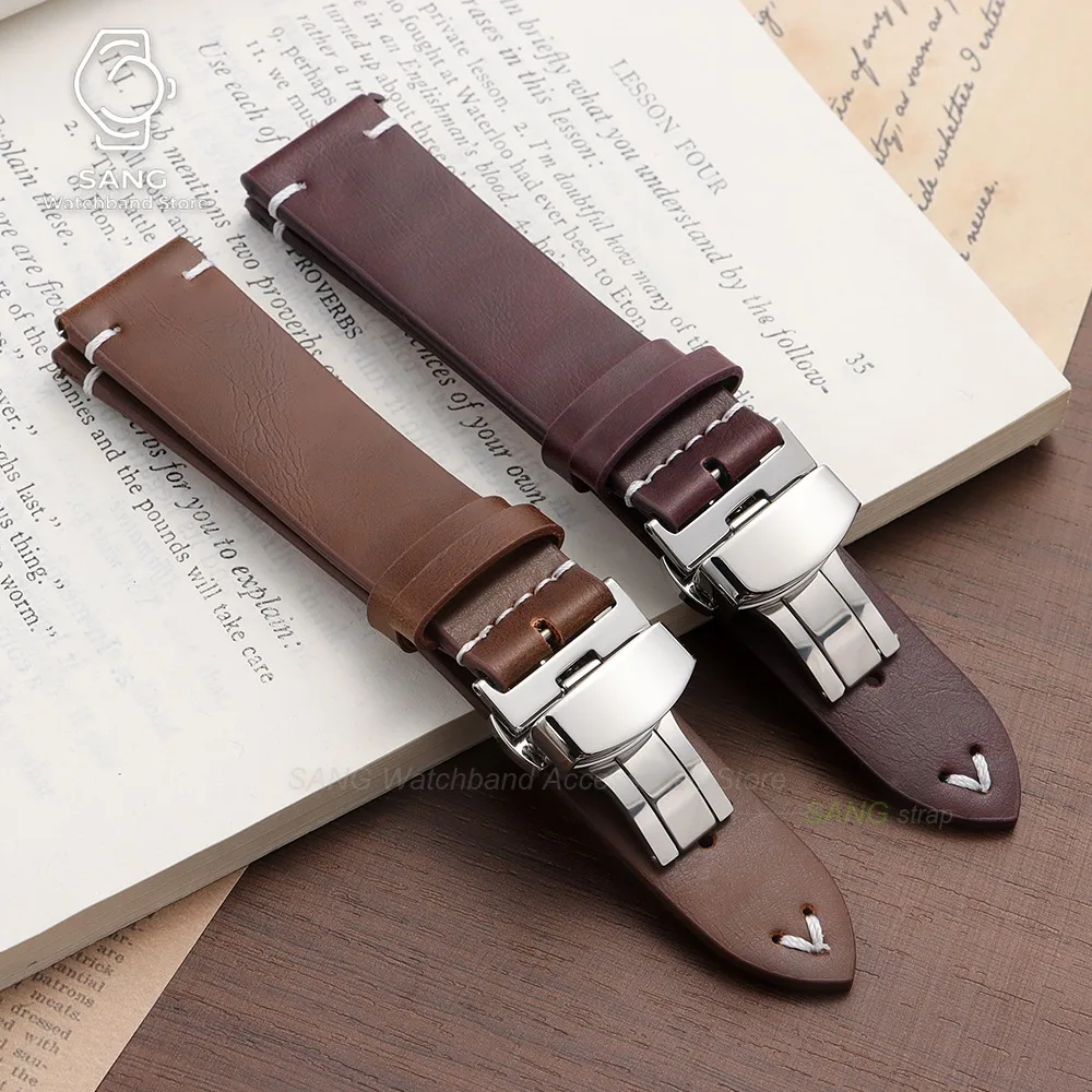 Elegant Black & Brown Leather Watchband with Stainless Steel Butterfly Clasp