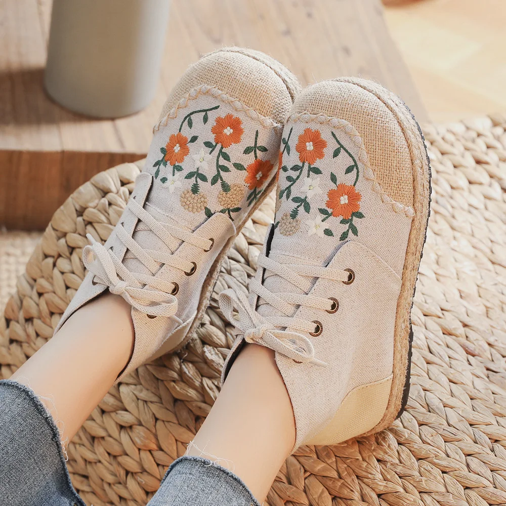 Women Shoes Handmade Vintage Embroidered Flats Booties Shoes High