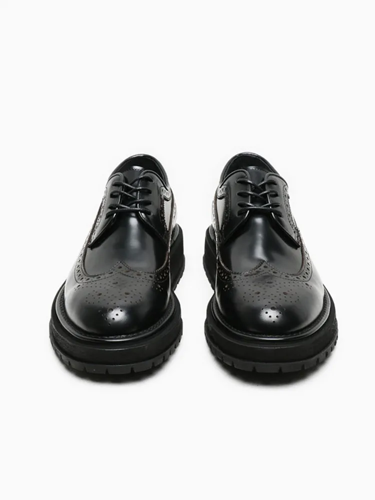 Mens Wing Tip Brogue Shoes Business Height Increasing Thick Platform Cowhide Genuine Leather Formal Shoes Bright Work Dress