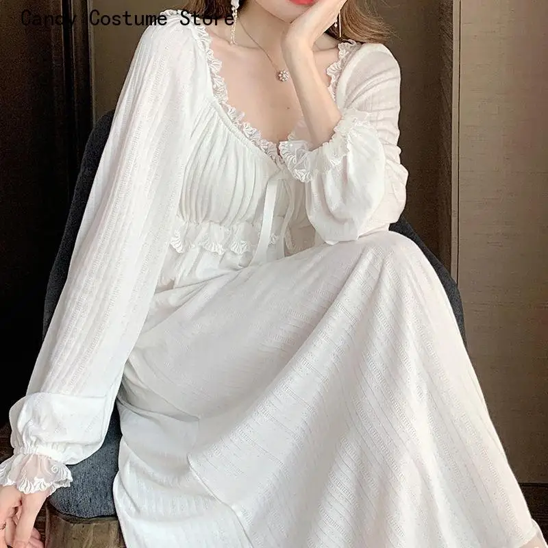 Korean Version Lady Sexy Sleepwear Pure Female Long Nightgowns Women Lace Girlish Full Sleeve Princess Style Autumn Nightdress