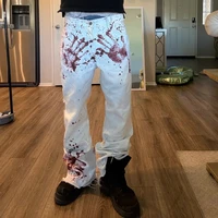 Y2K Harajuku blanc hommes Baggy jean rétro horreur sang imprimé à la main à la mode haute rue Hip Hop unisexe pantalon à jambes larges 3