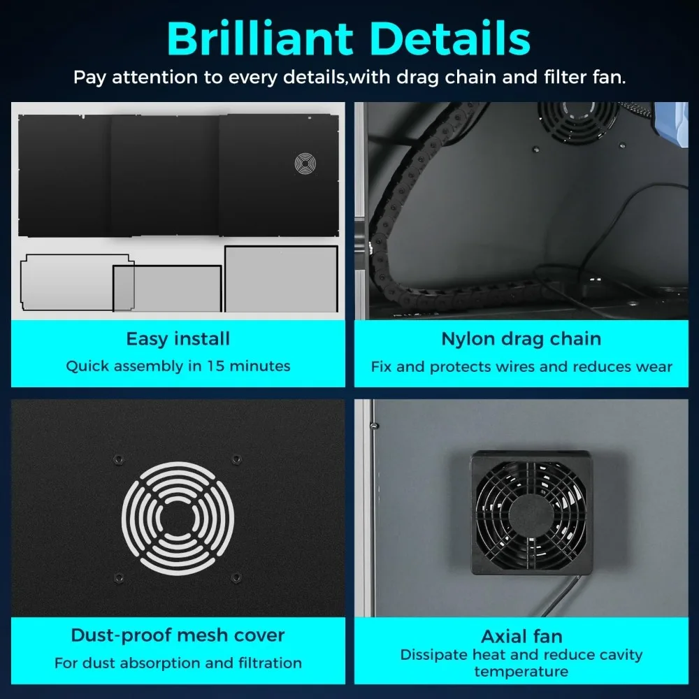 Metal and Tempered Glass Open Enclosure with Drag Chain and Fan for SV08 6