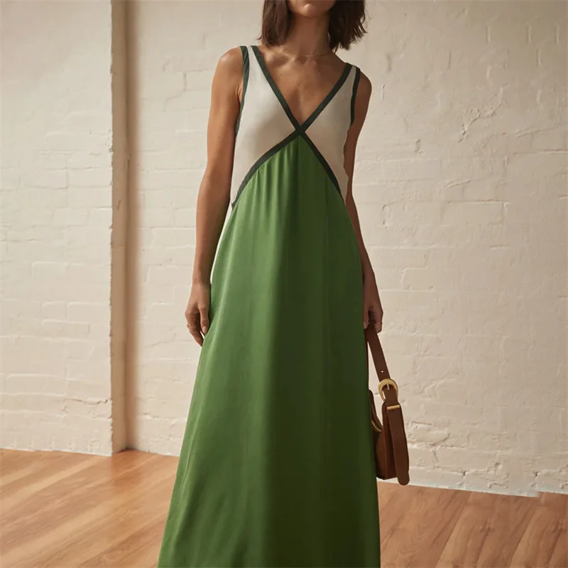 Vestido elegante de verano para mujer, con cuello en V, sin mangas, con patchwork de colores contrastantes, largo y sexy para fiesta de noche.