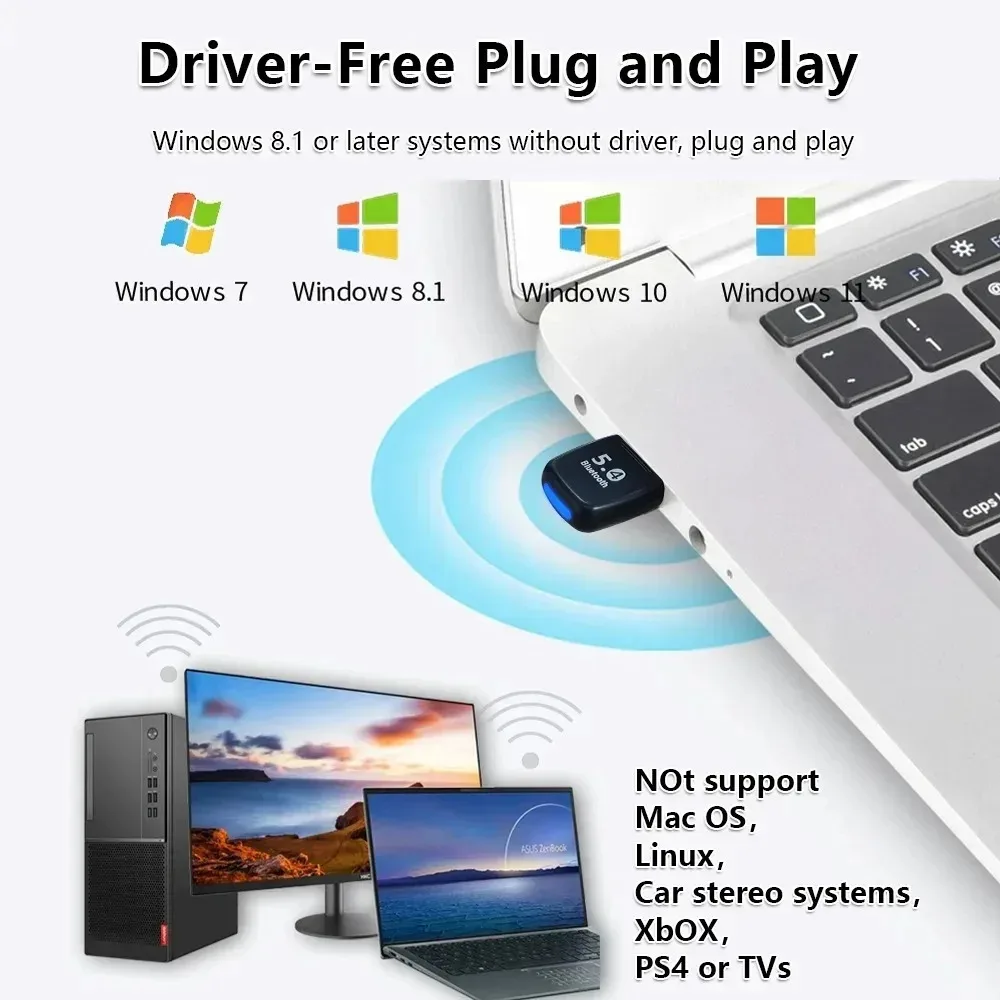 블루투스 5.4 USB 어댑터 PC용 블루투스 어댑터 동글 무선 마우스 키보드 음악 오디오 수신기 USB 송신기