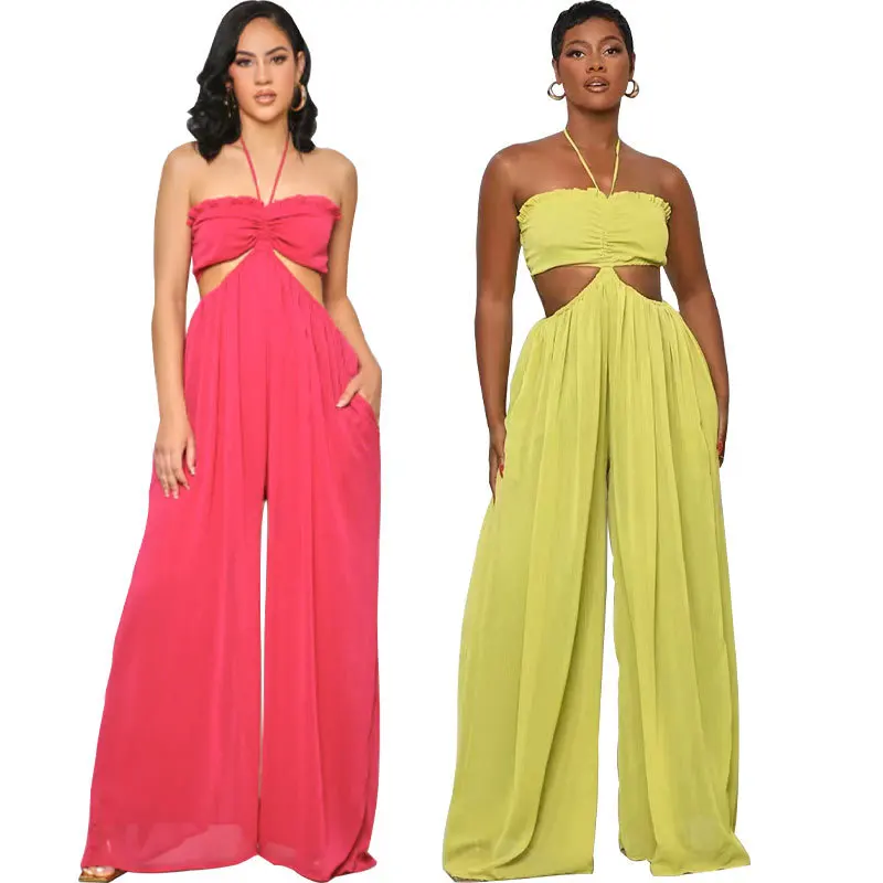 Sexy Crumpled Chiffon Jumpsuit Summer Solid Sleeveless African Jumpsuit High Waist Loose Trousers Long Pants 2023 New Arrival sexy deep v halter neck white elegant jumpsuit fashion temperament hollow out sleeveless backless trousers wide leg jumpsuits