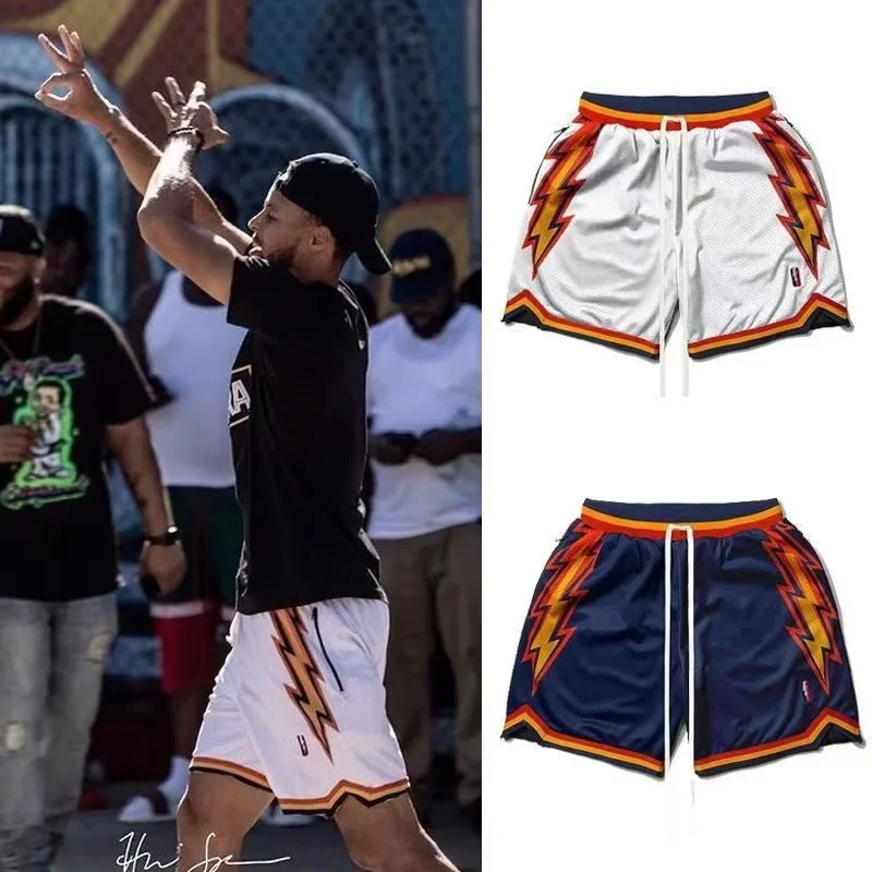 American Style Basketball Shorts Men Women Five-Quarter Length Training Sports Pants Retro Lightning Design for Training And Pla
