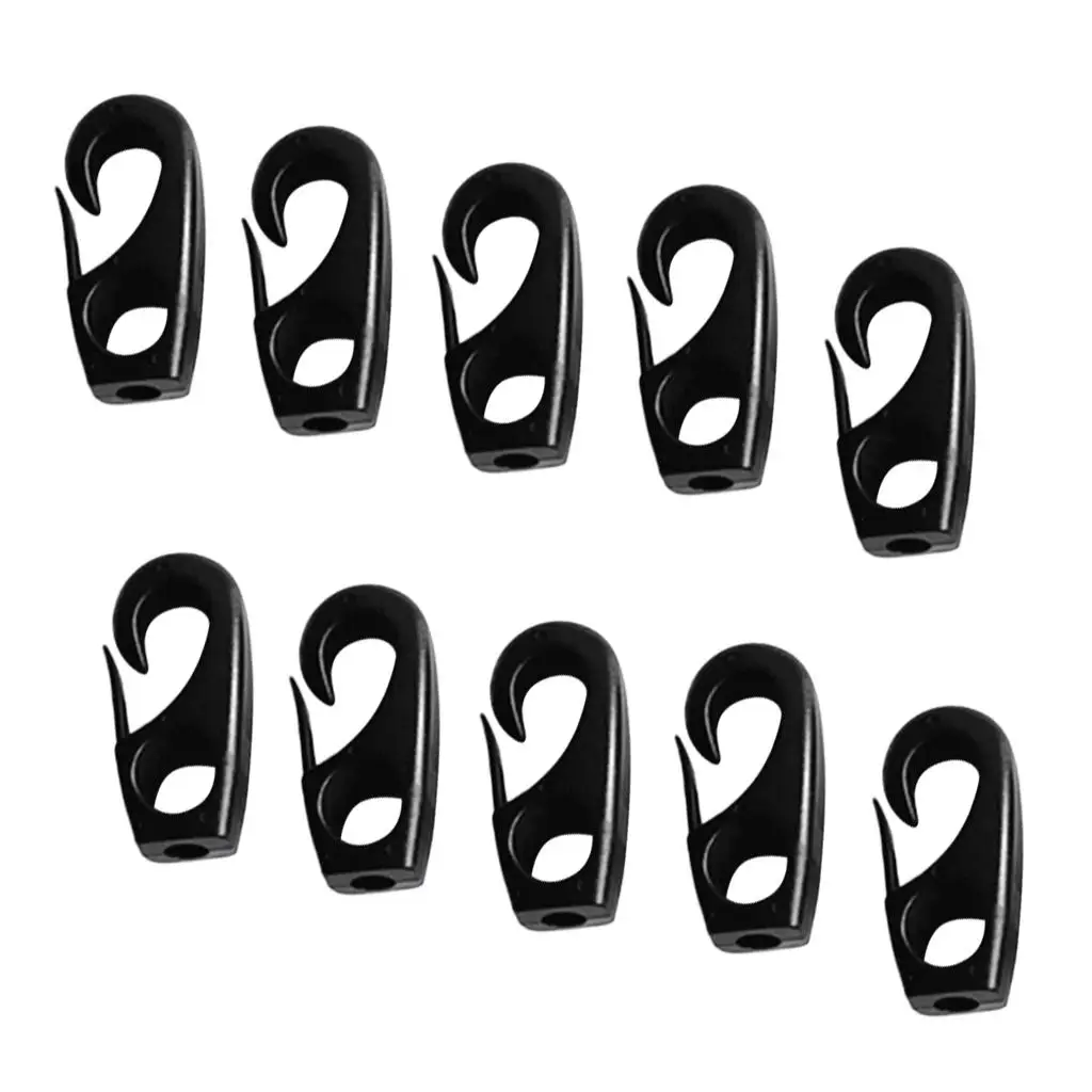 10 조각 검정색 플라스틱 번지 후크 7mm 충격 코드 타이 다운 스트랩 보트 카누 카약 액세서리