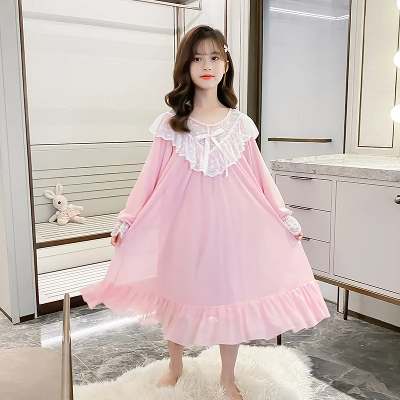 Children Girl Lolita Dress Princess Sleepshirts Lace Ruffle Nightgowns Courtly Style Toddler Kids Night Dress Sleep Loungewear