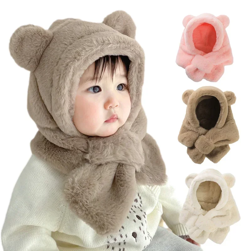 

Winter Baby Hat Scarf One-Piece Faux Fur Kids Hats Cartoon Bear Warm Neck Ear Cap for Boys Girls Windproof Beanies Infant Stuffs