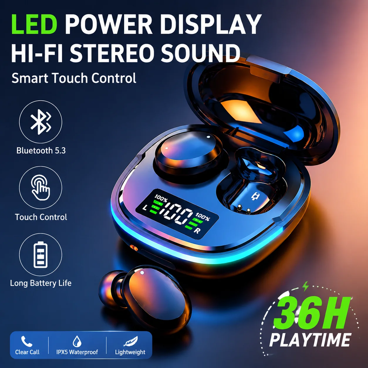 Premium Wireless Bluetooth Earbuds – TWS HiFi Stereo Sound with IPX4 Waterproof & Long Battery Life