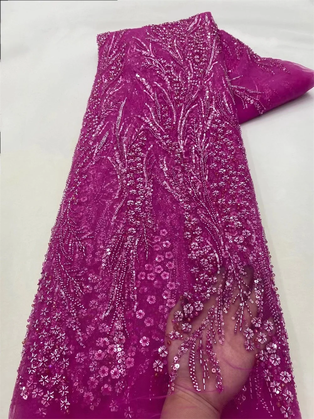 

Африканская кружевная ткань 2024, высокое качество, 5 ярдов, блестки, французская сетка, вышивка, тюль, кружево, белый тяжелый бисер, кружевная ткань