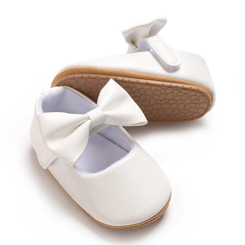 Solid Color 0-18M Baby Girl Mary Jane Flat Shoes With Butterfly Bow Rubber Anti Slip Children's First Walking Shoes Princess For