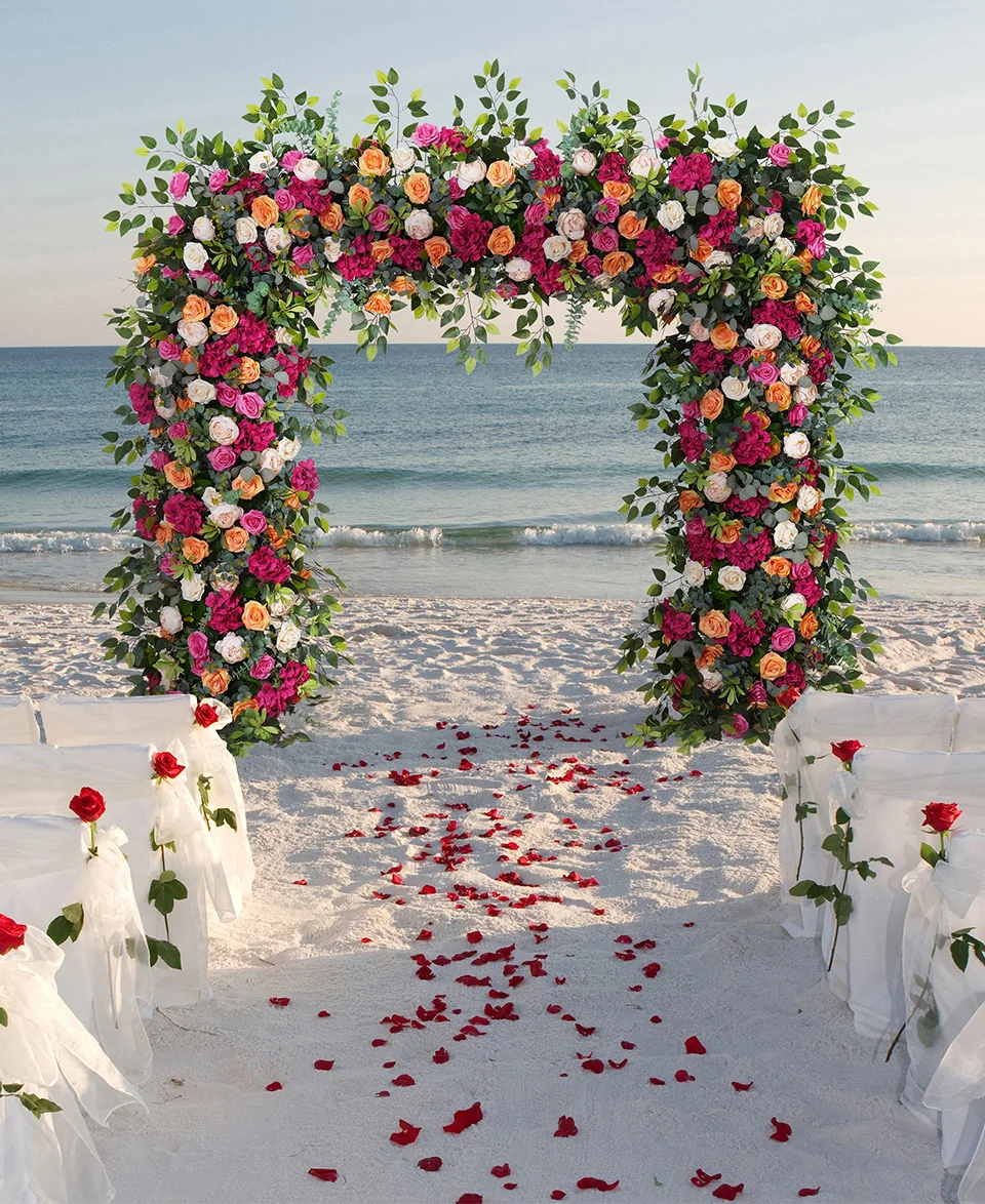 Description Picture 2 of itemHot Pink Orange Rose Green Leaves Arrangement Floral Outdoor Wedding Backdrop Flower Arch Frame Decor Event Party Props A8230