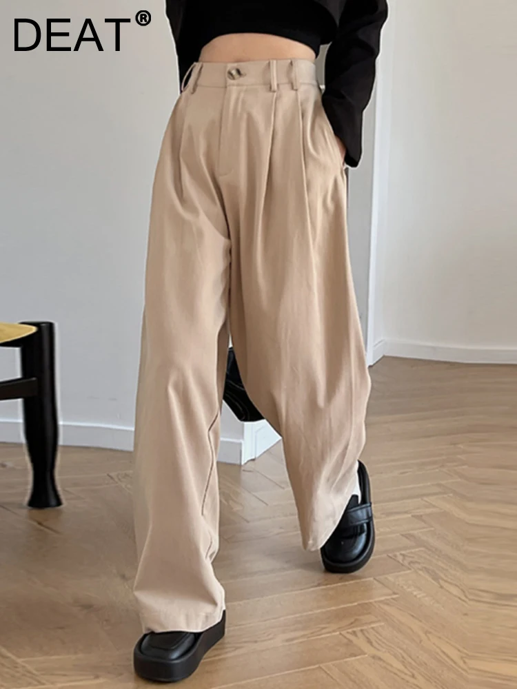 

DEAT Fashion Women's Pants Loose High Waist Elastic Folds Pockets Full Length Straight Leg Trouser Autumn 2023 New Tide 7AB1297