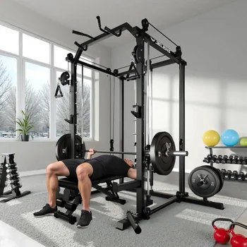 Smith Machine, 2000LBS M11 Multi-Function Squat Rack Power Cage with Cable Crossover System and Smith Bar, All-in-One LAT 6