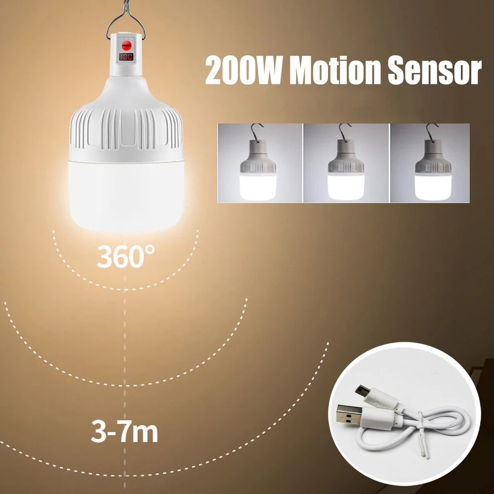 200W USB Rechargeable Camping Light Bulb With Battery18650 Lantern LED