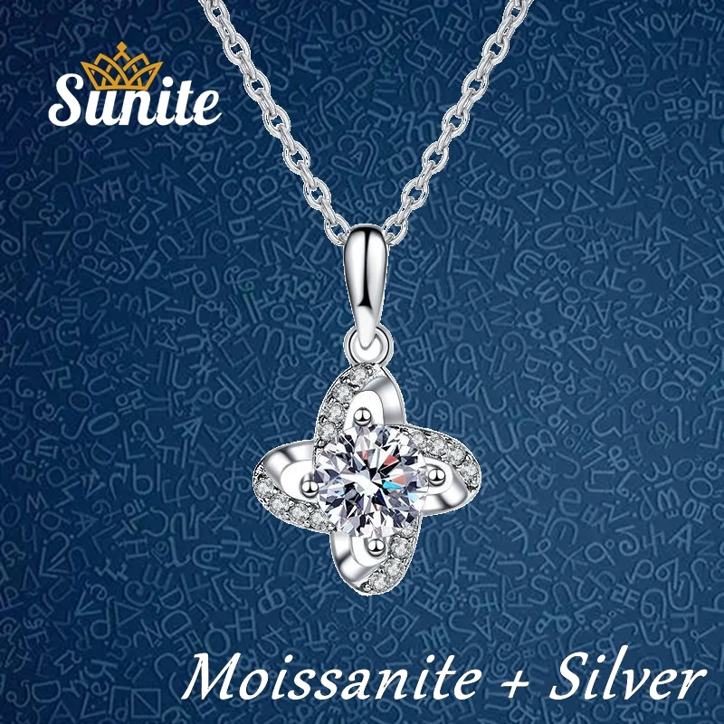 

Sunite 1.0ct Moissanite Diamond Quadripetal Flower Necklace Pendant For Women Gold Plated 925 Sterling Silver Fine Jewelry