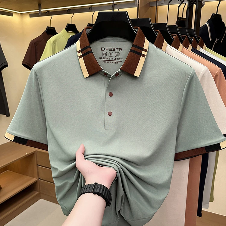 Hochwertiges Herren-Poloshirt mit kurzen Ärmeln, Sommer, luxuriös, Business-Casual, modisch, atmungsaktiv, farblich abgesetzt, mit Reverskragen. – Detail 35